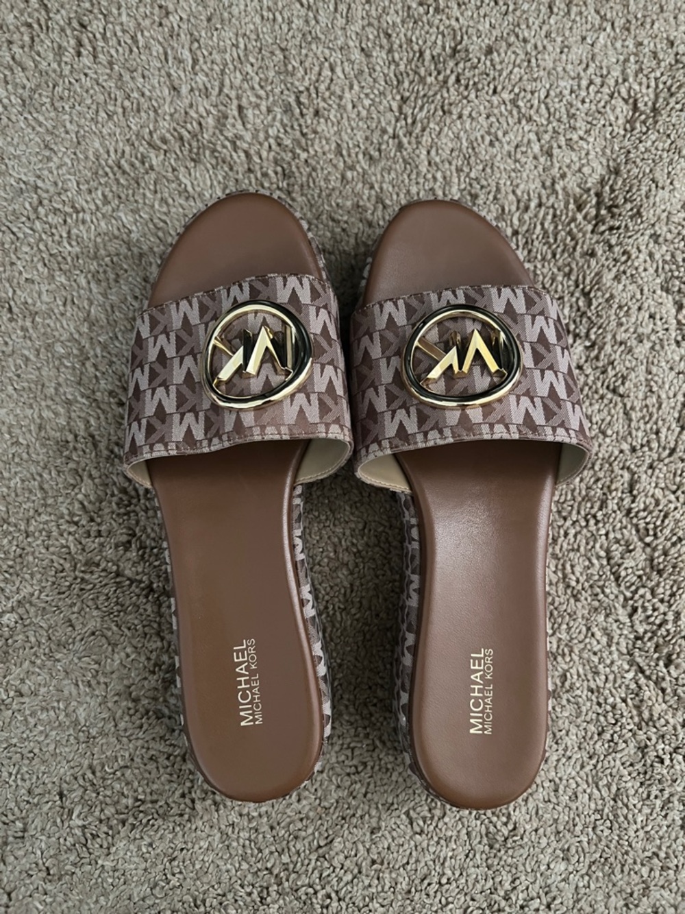 Michael Kors Brown Monogram Slide Sandals with Gold Logo